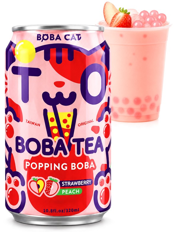 Bebida Bubble Tea de Fresa y Melocotón Rosado | Boba Cat 320 ml.