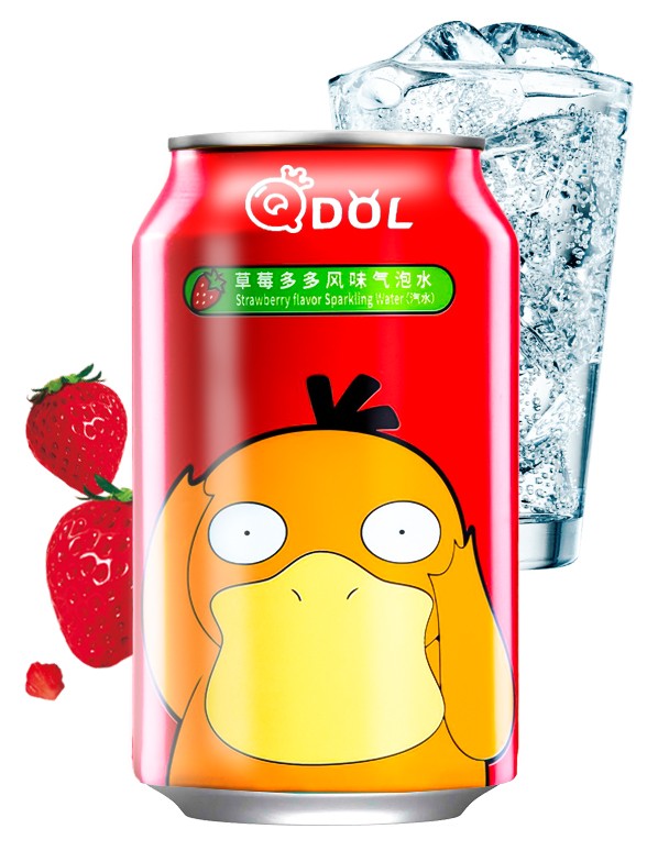 Agua Soda Sabor Fresa | Edición Pokemon Psyduck | Qdol 330 ml.