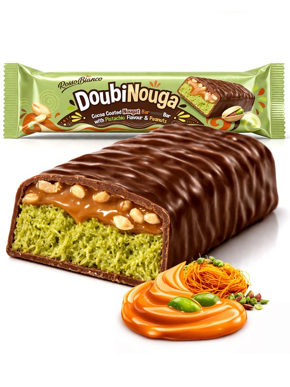 Chocolatina Dubai de Nugat de Pistacho Caramelo y Cacahuetes 50g.