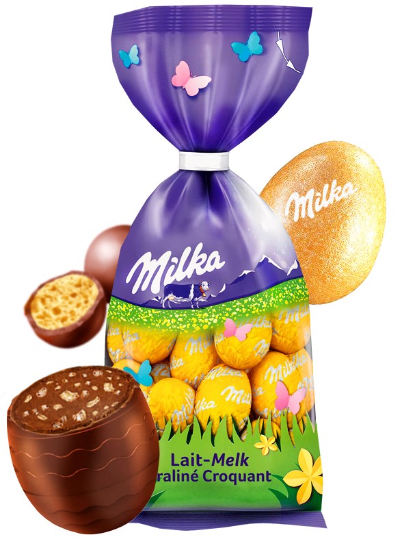 Mini Huevos de Chocolate con Leche con Praliné Crujiente | Milka 100 grs.