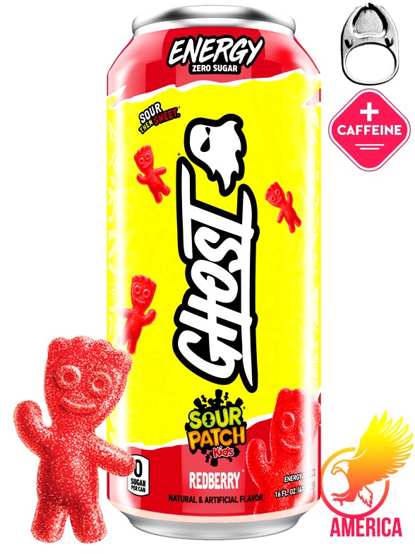 Bebida Energética Ghost | Sabor Chuche Ácida Sour Patch Frutos Rojos 473 ml.