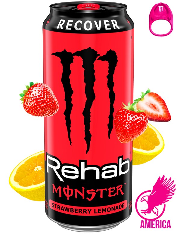 Bebida Energética Monster Rehab Recover Limonada de Fresa | Anilla Fucsia | USA 458 ml