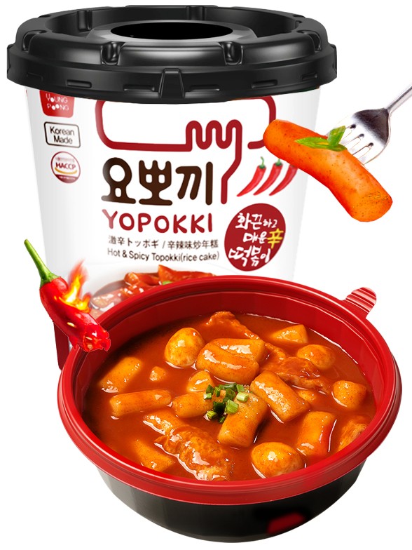 Yopokki | Mochis Coreanos Topokki Instantáneos con Salsa Hot & Spicy 120g.