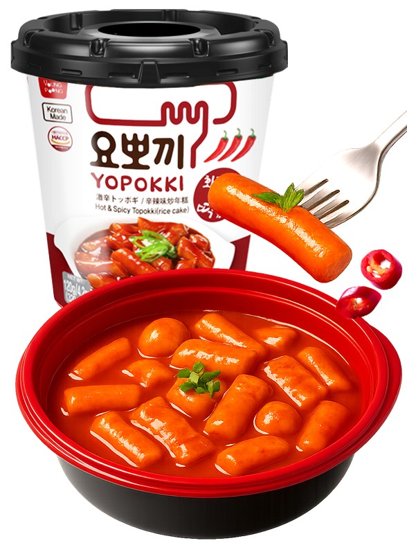 Yopokki | Mochis Coreanos Topokki Instantáneos con Salsa Hot & Spicy Halal 120g.