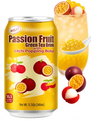 Bebida Bubble Té Verde Maracuyá con Bobas de Lichi | 340 ml.